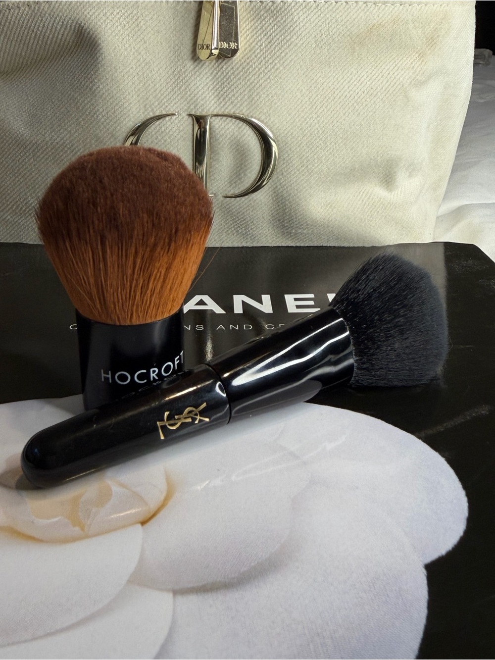 YSL & Hocroft Kabuki Makeup Brush Duo - Black Handles, Brown & Black Bristles
